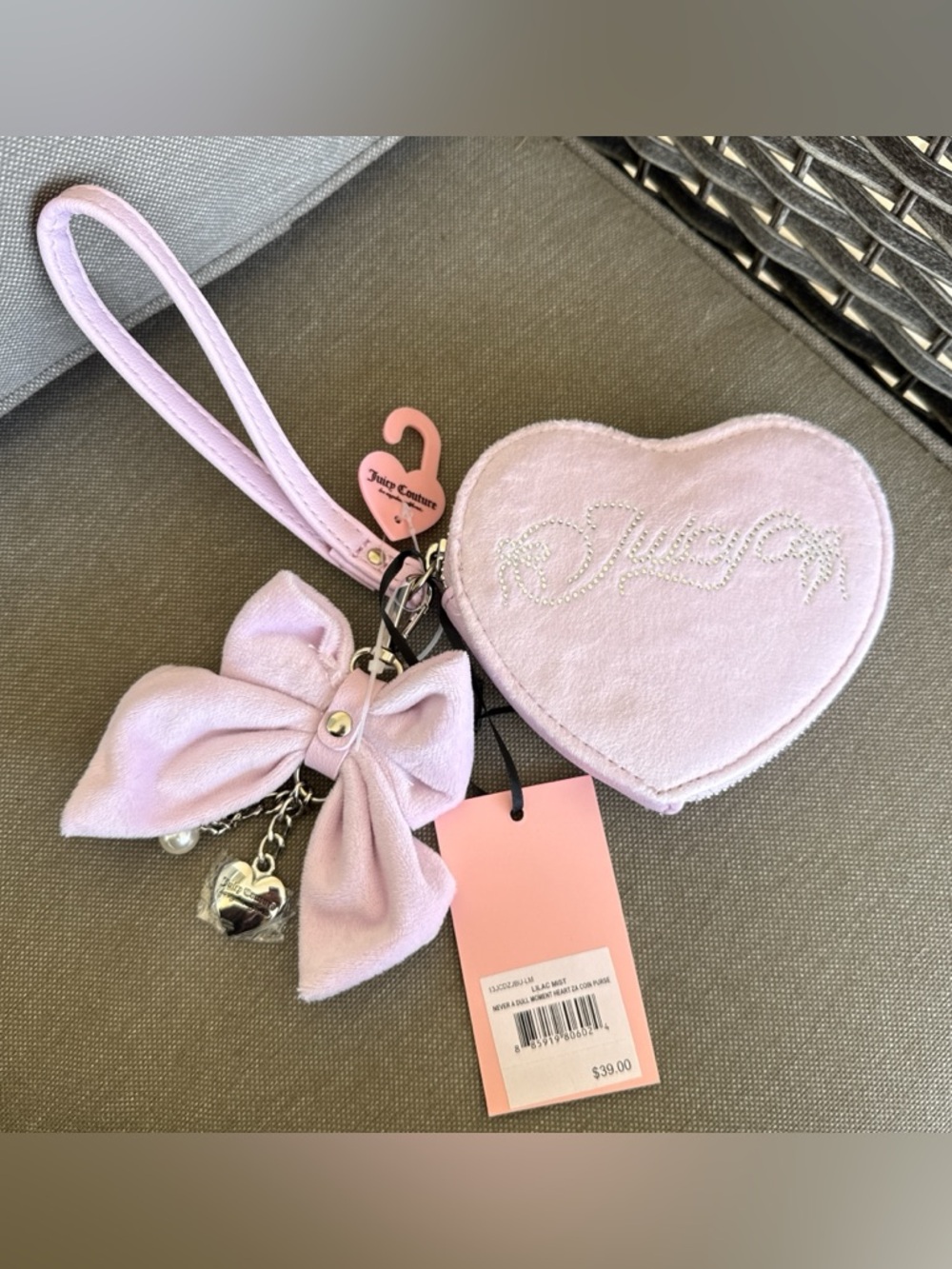 Juicy Couture Lilac Heart Wristlet Coin Purse with Bow Charm